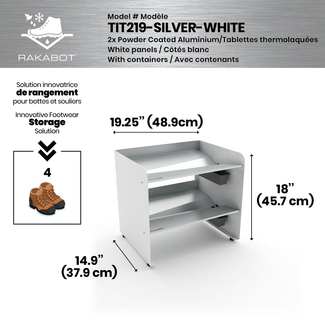 Boot Rack 19" wide - Rustproof Channeling Water Into Containers 2 to 8 Shelves Rakabot Titan