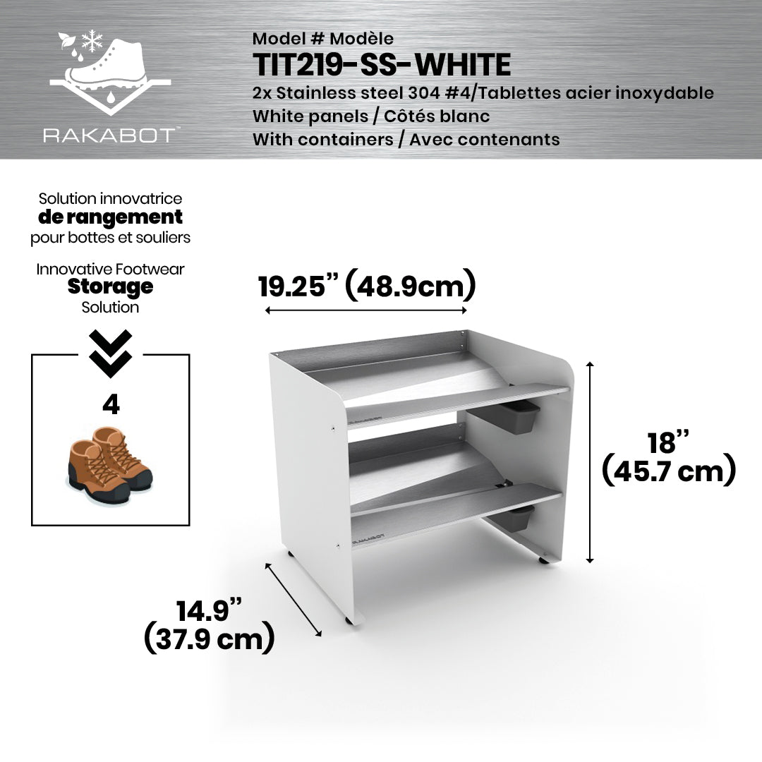 Boot Rack 19" wide - Rustproof Channeling Water Into Containers 2 to 8 Shelves Rakabot Titan