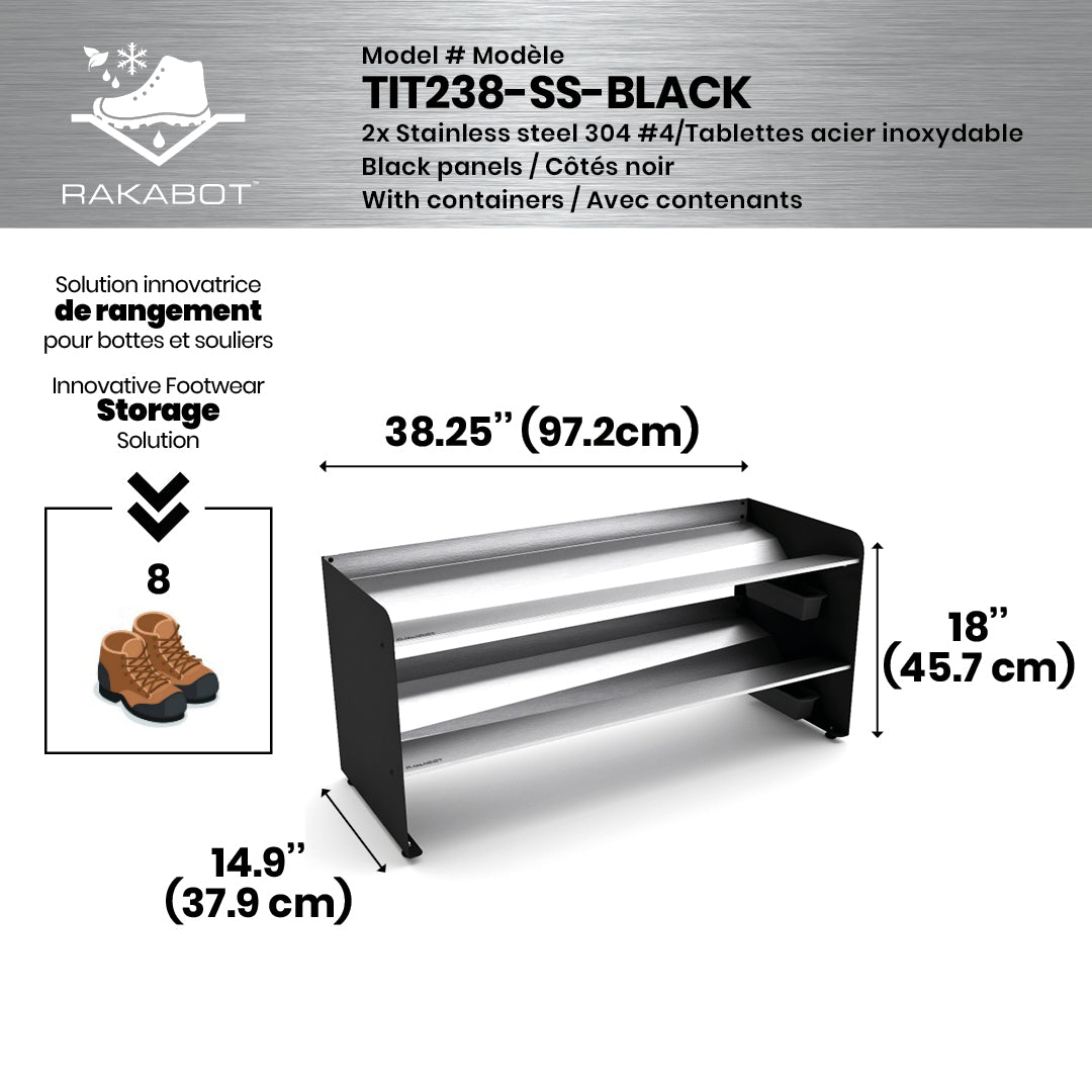 Boot Rack 38" wide - Rustproof Channeling Water Into Containers 2 to 8 Shelves Rakabot Titan