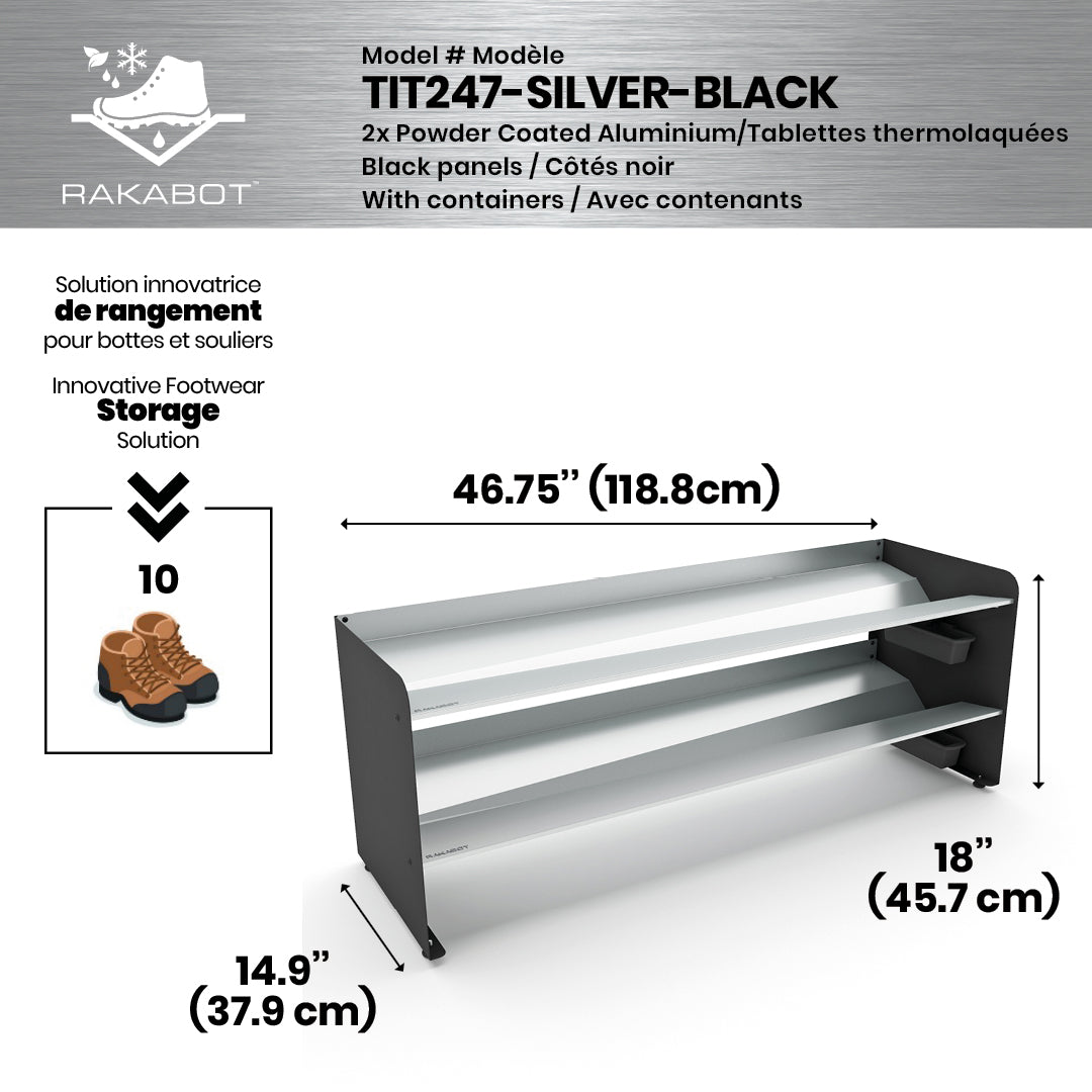 Boot Rack 47" wide - Rustproof Channeling Water Into Containers 2 to 8 Shelves Rakabot Titan