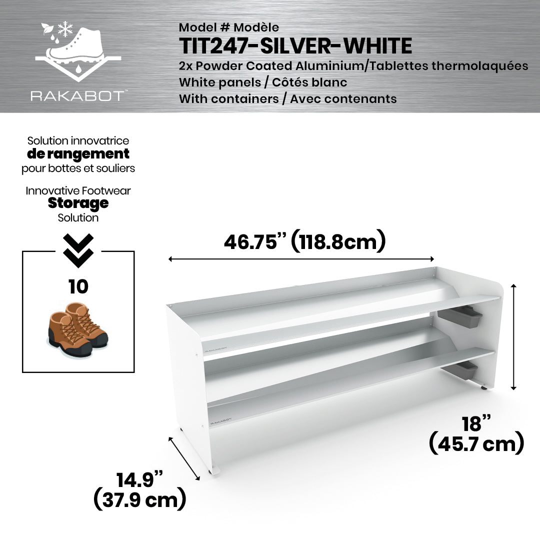 Boot Rack 47" wide - Rustproof Channeling Water Into Containers 2 to 8 Shelves Rakabot Titan