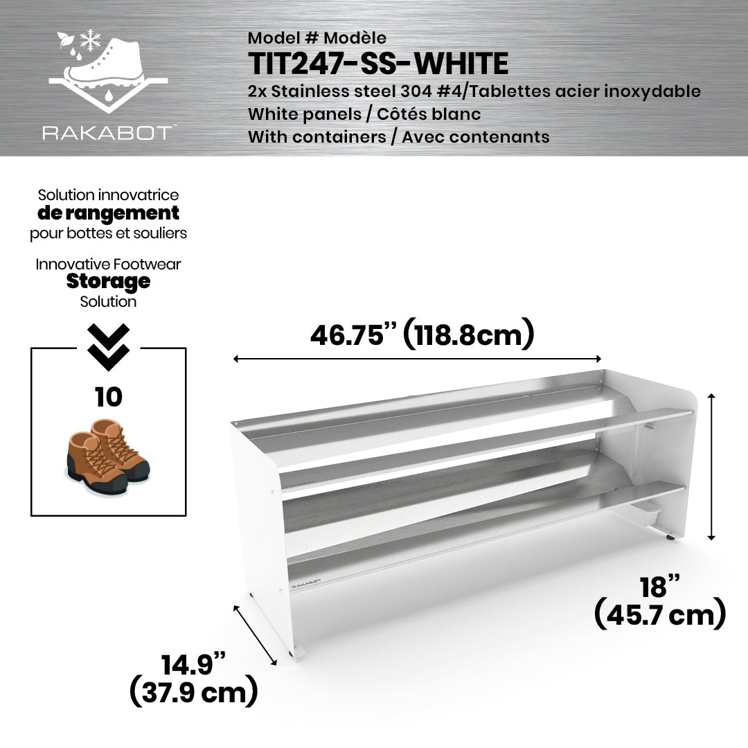 Boot Rack 47" wide - Rustproof Channeling Water Into Containers 2 to 8 Shelves Rakabot Titan