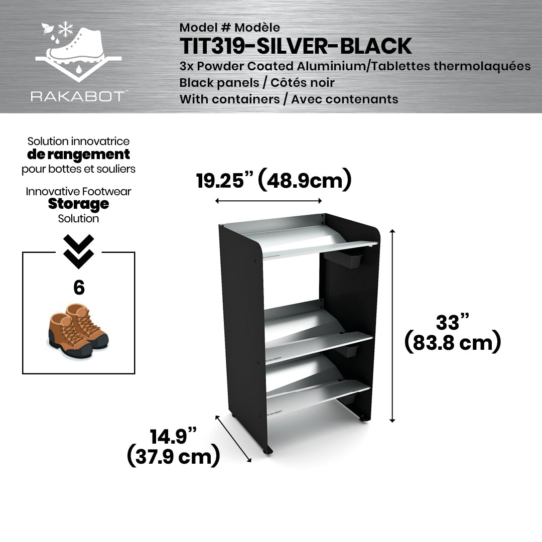 Boot Rack 19" wide - Rustproof Channeling Water Into Containers 2 to 8 Shelves Rakabot Titan