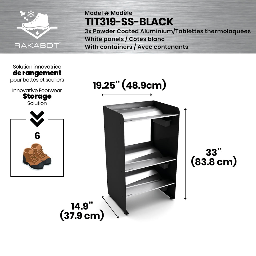 Boot Rack 19" wide - Rustproof Channeling Water Into Containers 2 to 8 Shelves Rakabot Titan