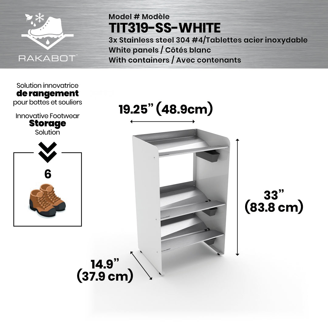 Boot Rack 19" wide - Rustproof Channeling Water Into Containers 2 to 8 Shelves Rakabot Titan