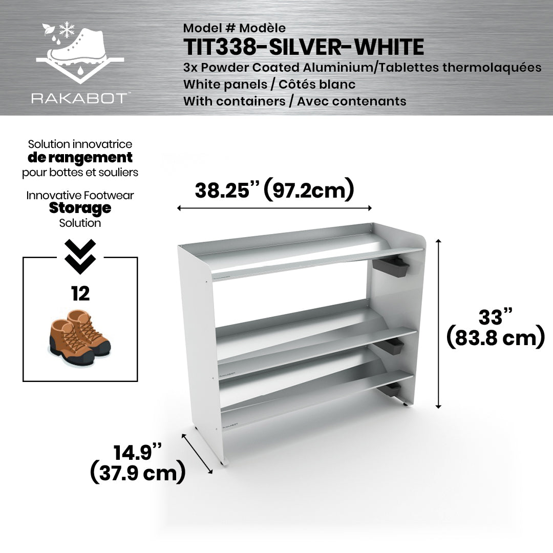 Boot Rack 38" wide - Rustproof Channeling Water Into Containers 2 to 8 Shelves Rakabot Titan