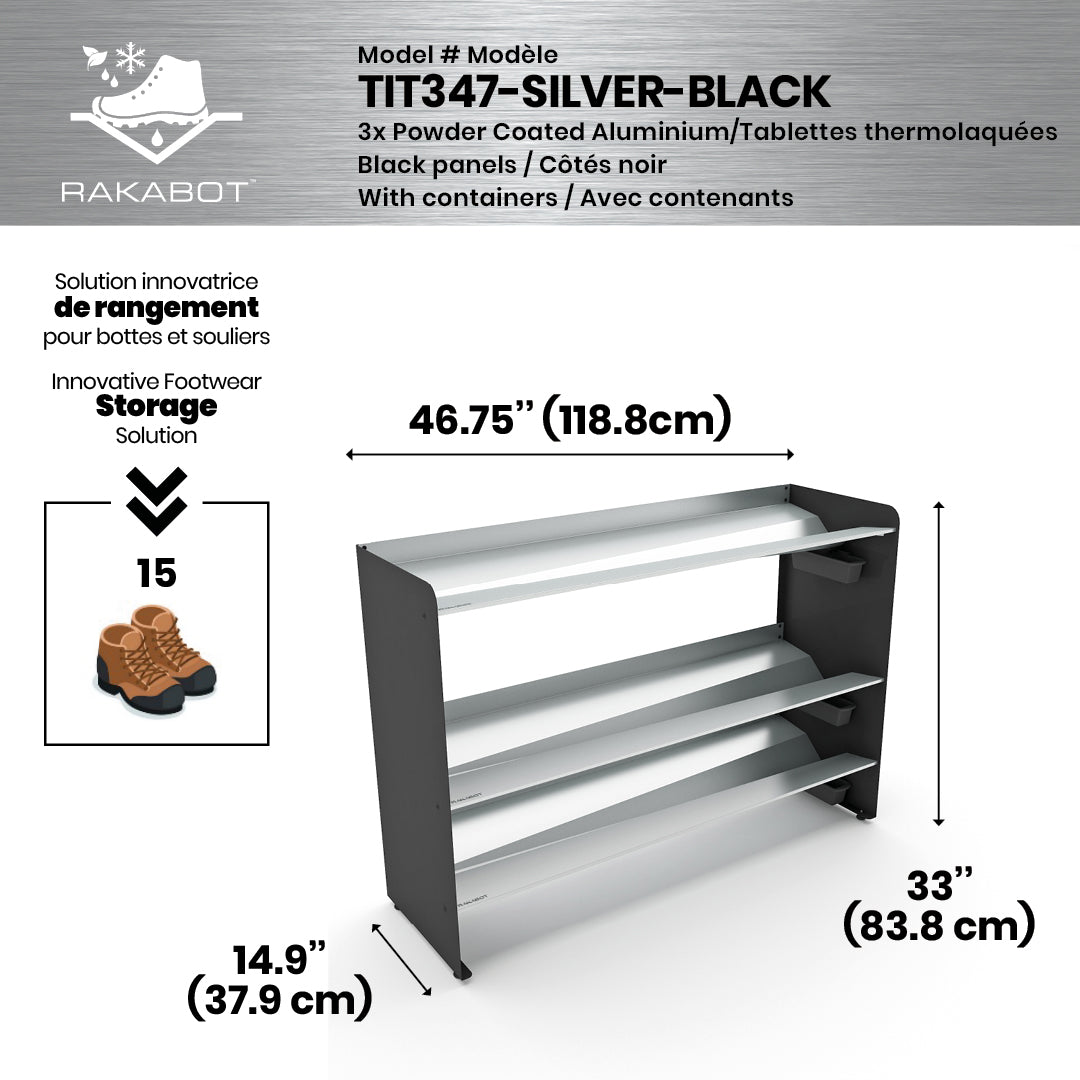 Boot Rack 47" wide - Rustproof Channeling Water Into Containers 2 to 8 Shelves Rakabot Titan