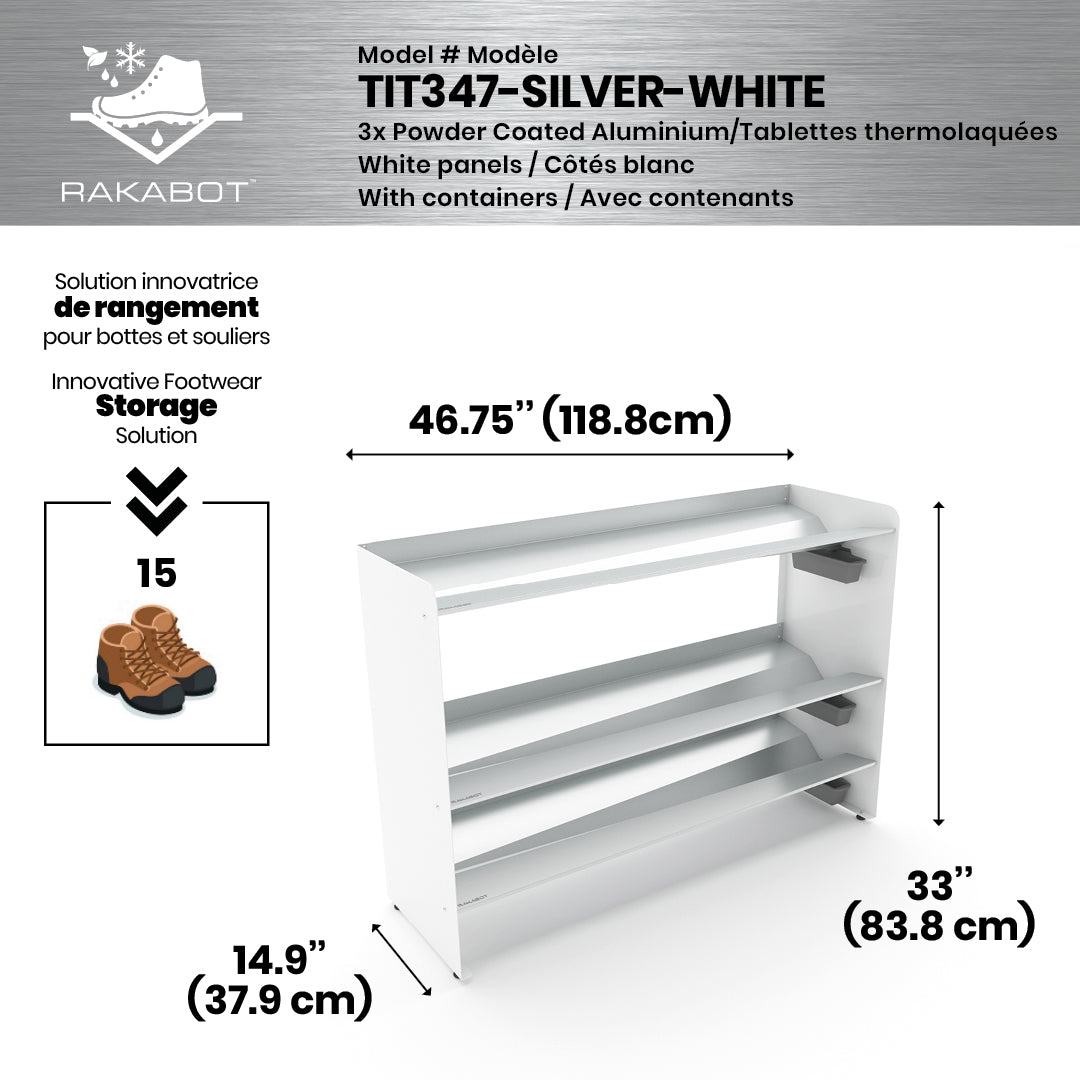 Boot Rack 47" wide - Rustproof Channeling Water Into Containers 2 to 8 Shelves Rakabot Titan