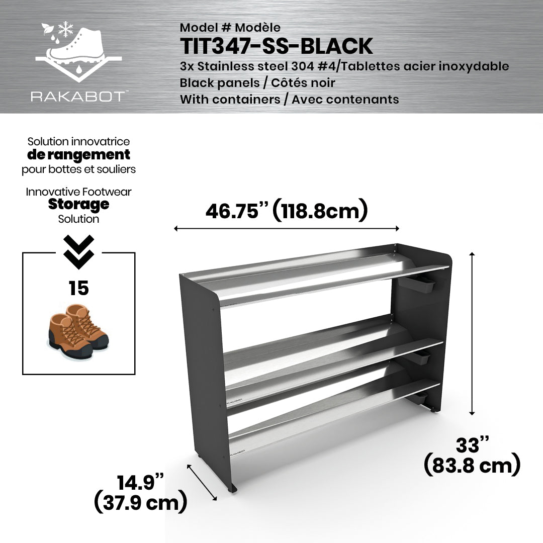 Boot Rack 47" wide - Rustproof Channeling Water Into Containers 2 to 8 Shelves Rakabot Titan