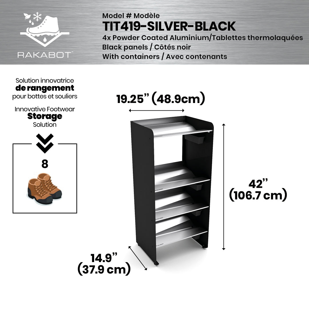 Boot Rack 19" wide - Rustproof Channeling Water Into Containers 2 to 8 Shelves Rakabot Titan