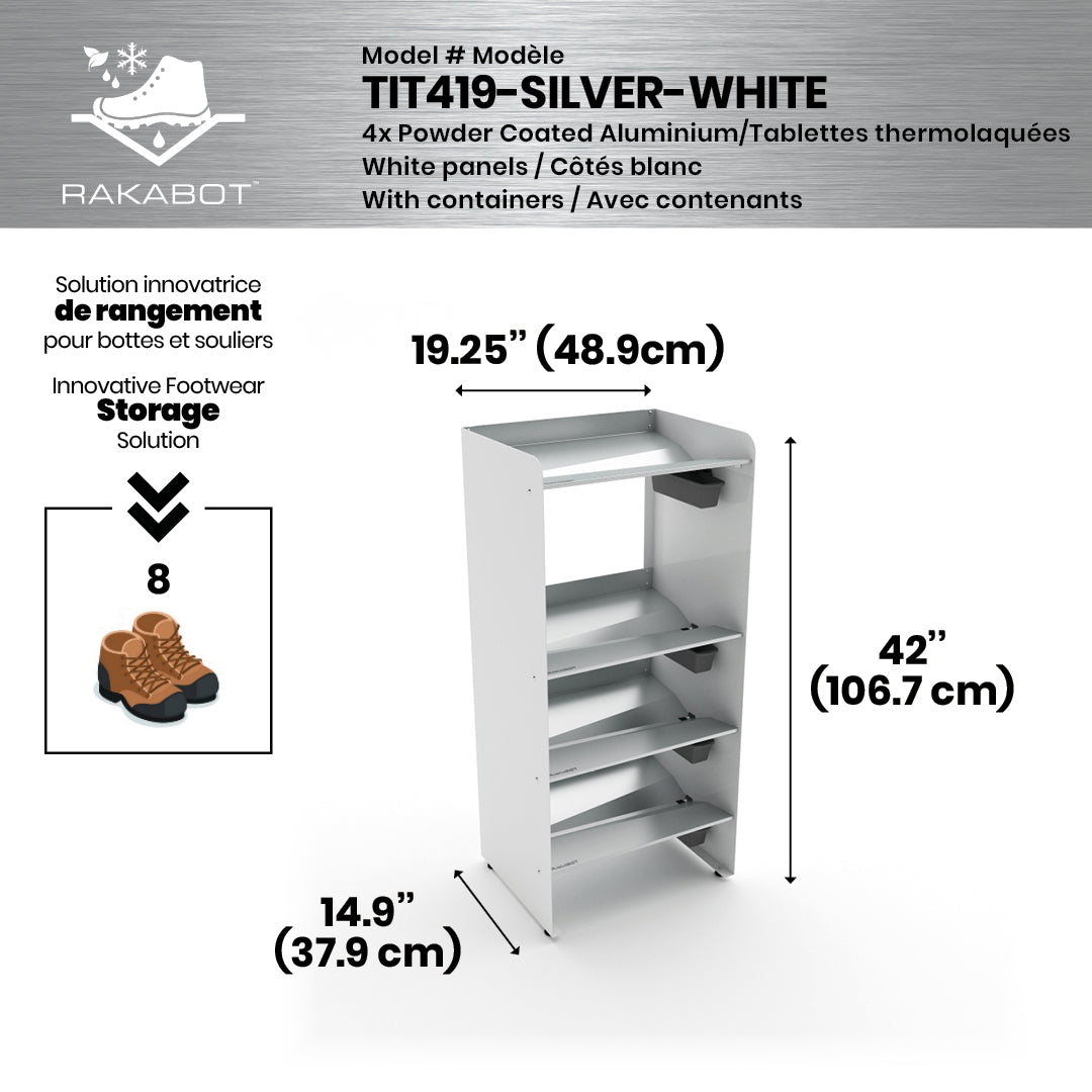 Boot Rack 19" wide - Rustproof Channeling Water Into Containers 2 to 8 Shelves Rakabot Titan