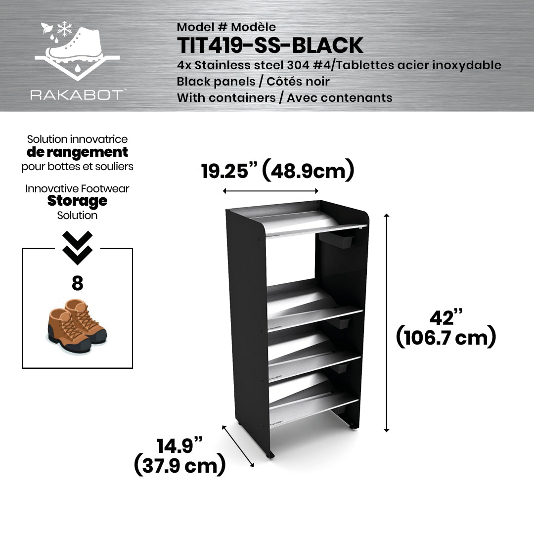 Boot Rack 19" wide - Rustproof Channeling Water Into Containers 2 to 8 Shelves Rakabot Titan