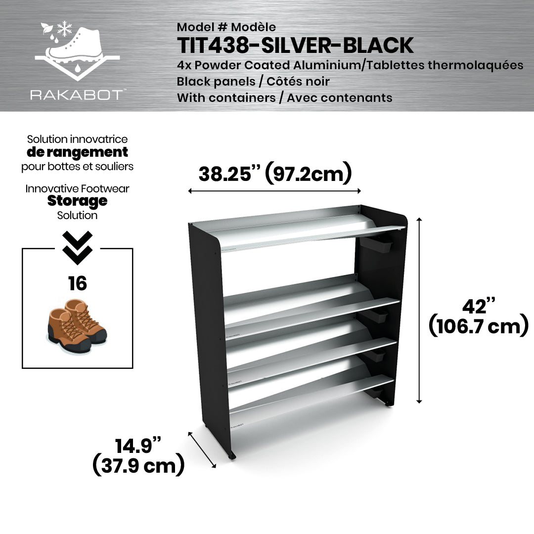 Boot Rack 38" wide - Rustproof Channeling Water Into Containers 2 to 8 Shelves Rakabot Titan