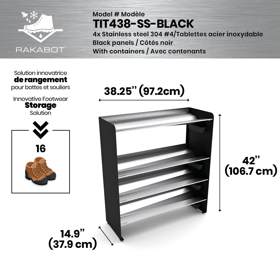 Boot Rack 38" wide - Rustproof Channeling Water Into Containers 2 to 8 Shelves Rakabot Titan