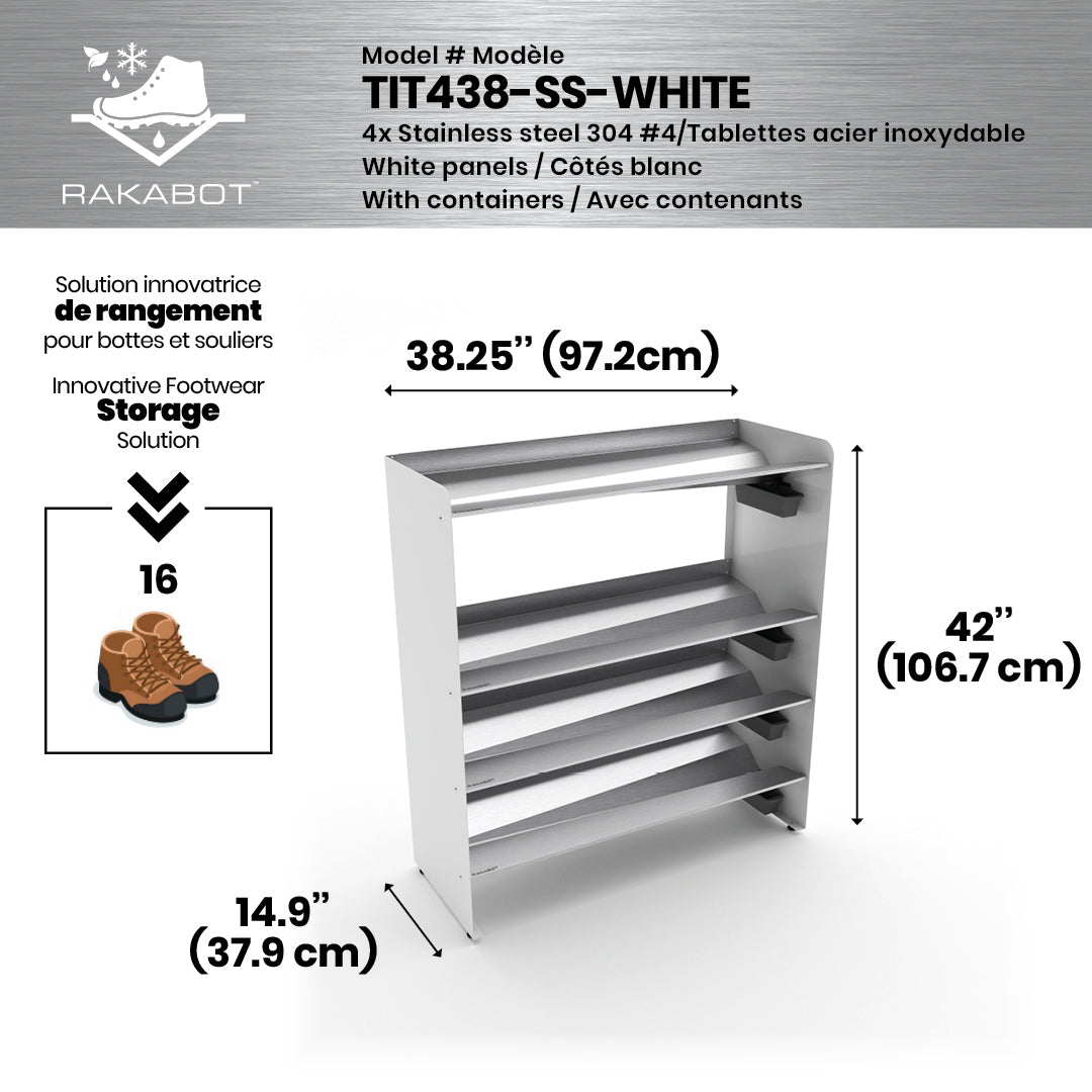 Boot Rack 38" wide - Rustproof Channeling Water Into Containers 2 to 8 Shelves Rakabot Titan