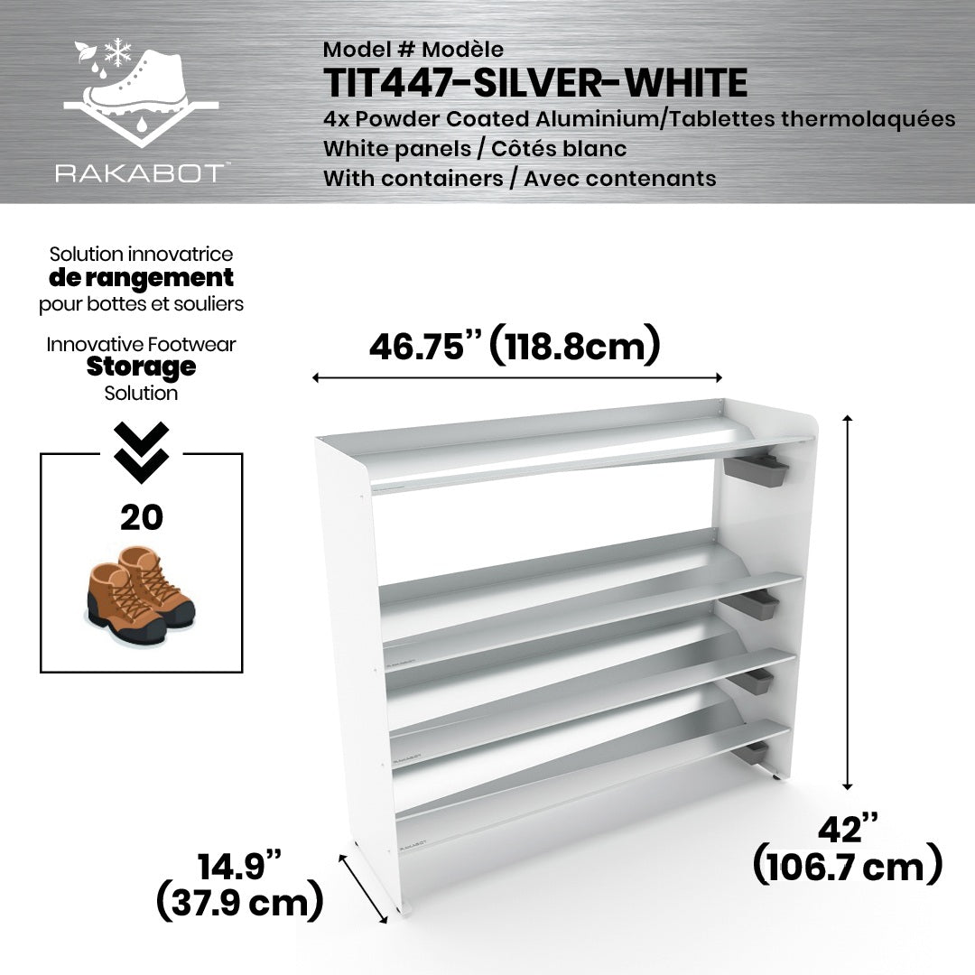 Boot Rack 47" wide - Rustproof Channeling Water Into Containers 2 to 8 Shelves Rakabot Titan