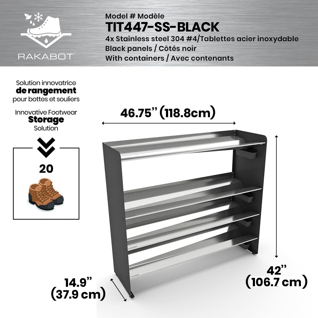 Boot Rack 47" wide - Rustproof Channeling Water Into Containers 2 to 8 Shelves Rakabot Titan