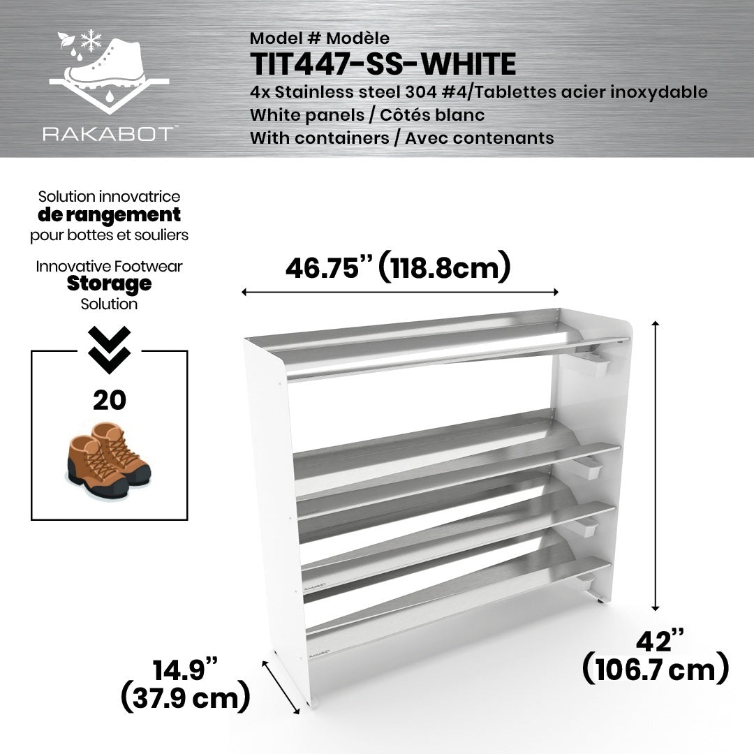 Boot Rack 47" wide - Rustproof Channeling Water Into Containers 2 to 8 Shelves Rakabot Titan