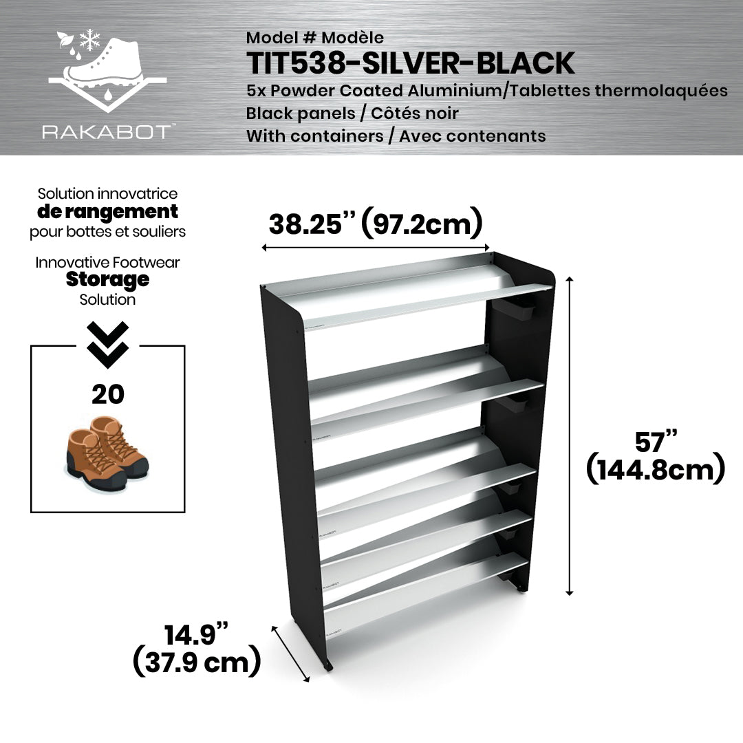 Boot Rack 38" wide - Rustproof Channeling Water Into Containers 2 to 8 Shelves Rakabot Titan