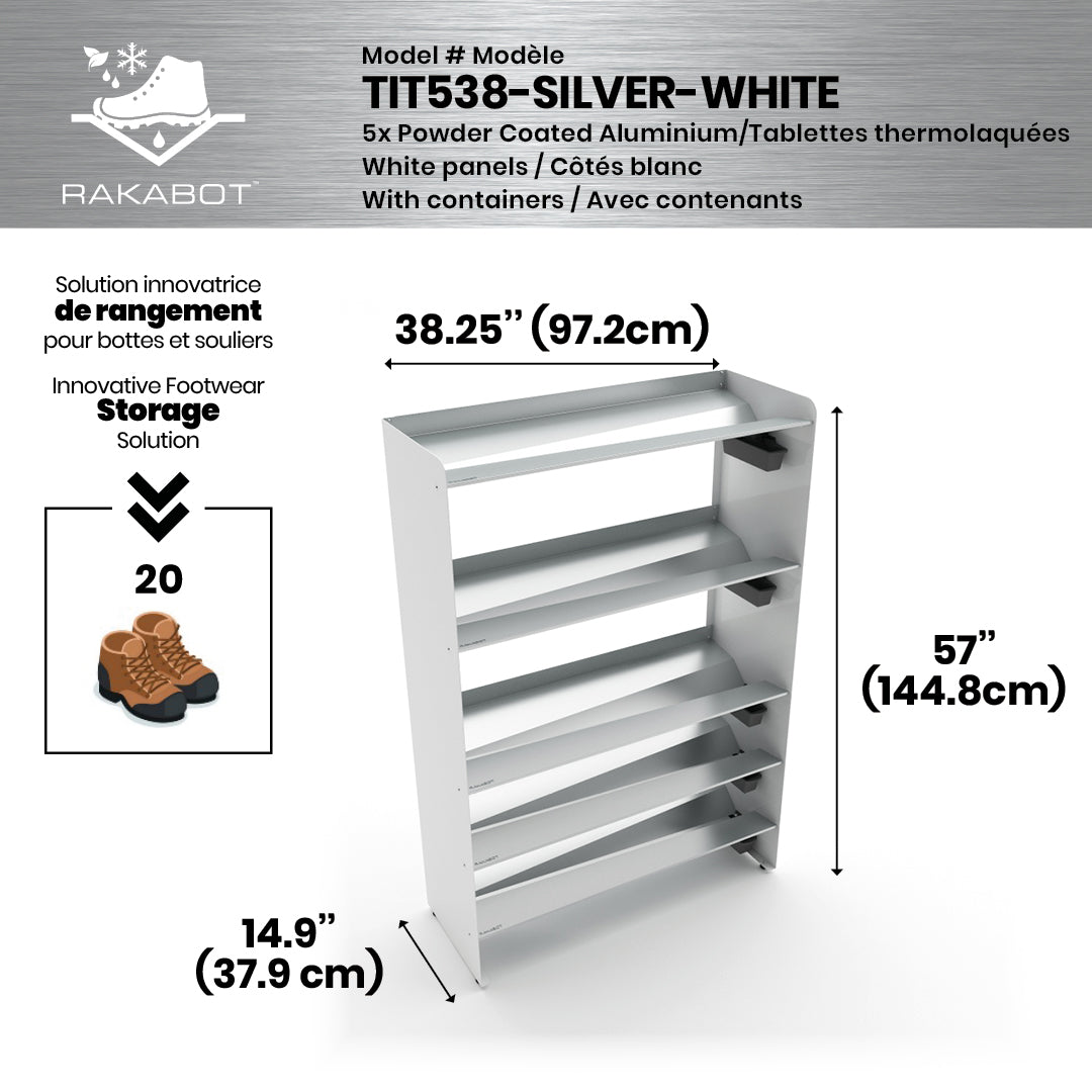 Boot Rack 38" wide - Rustproof Channeling Water Into Containers 2 to 8 Shelves Rakabot Titan