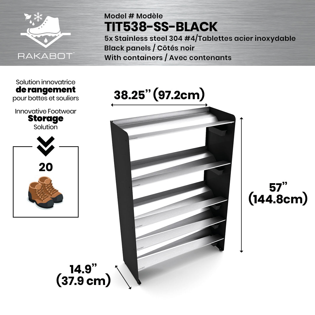 Boot Rack 38" wide - Rustproof Channeling Water Into Containers 2 to 8 Shelves Rakabot Titan