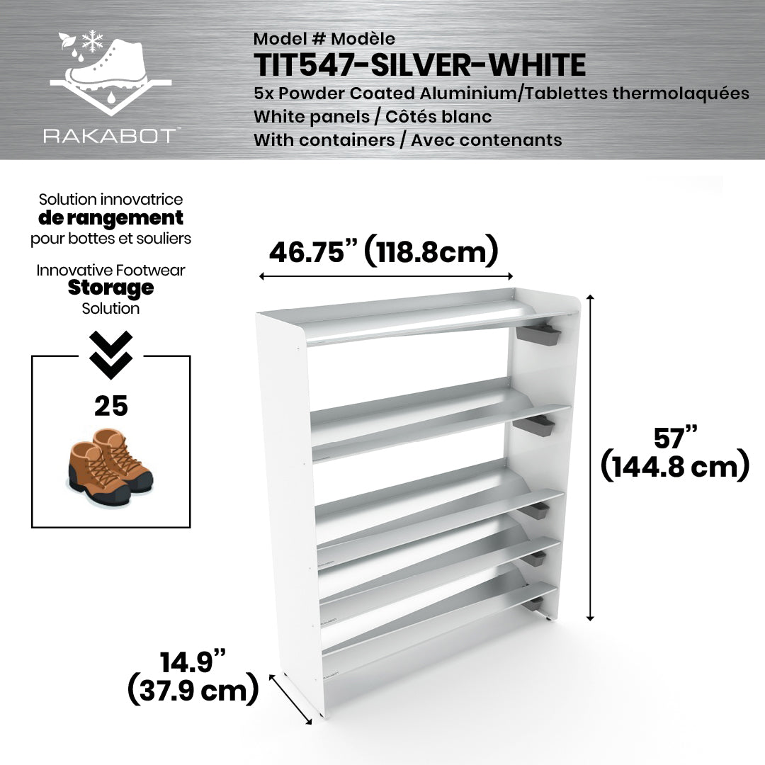 Boot Rack 47" wide - Rustproof Channeling Water Into Containers 2 to 8 Shelves Rakabot Titan