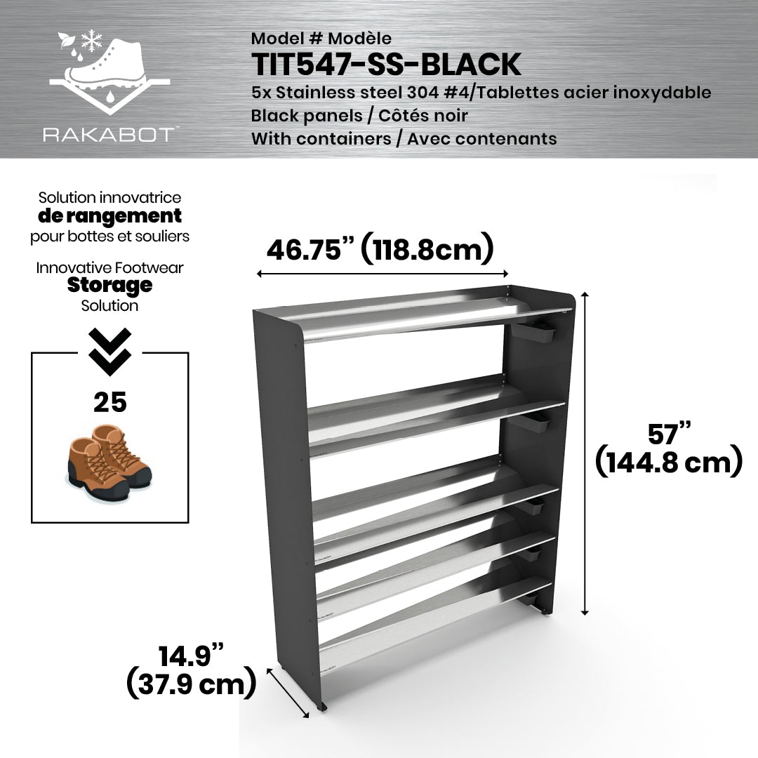 Boot Rack 47" wide - Rustproof Channeling Water Into Containers 2 to 8 Shelves Rakabot Titan