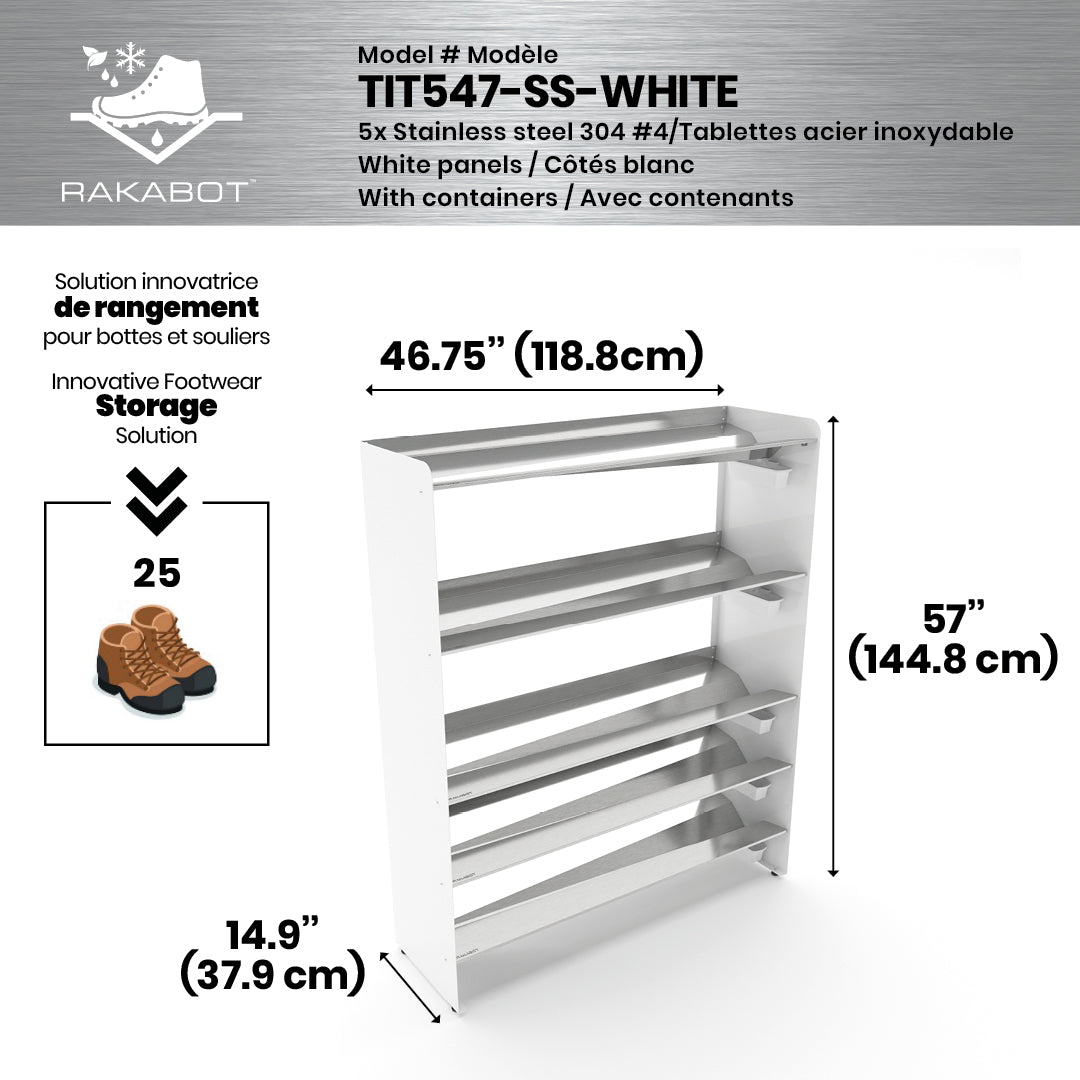 Boot Rack 47" wide - Rustproof Channeling Water Into Containers 2 to 8 Shelves Rakabot Titan