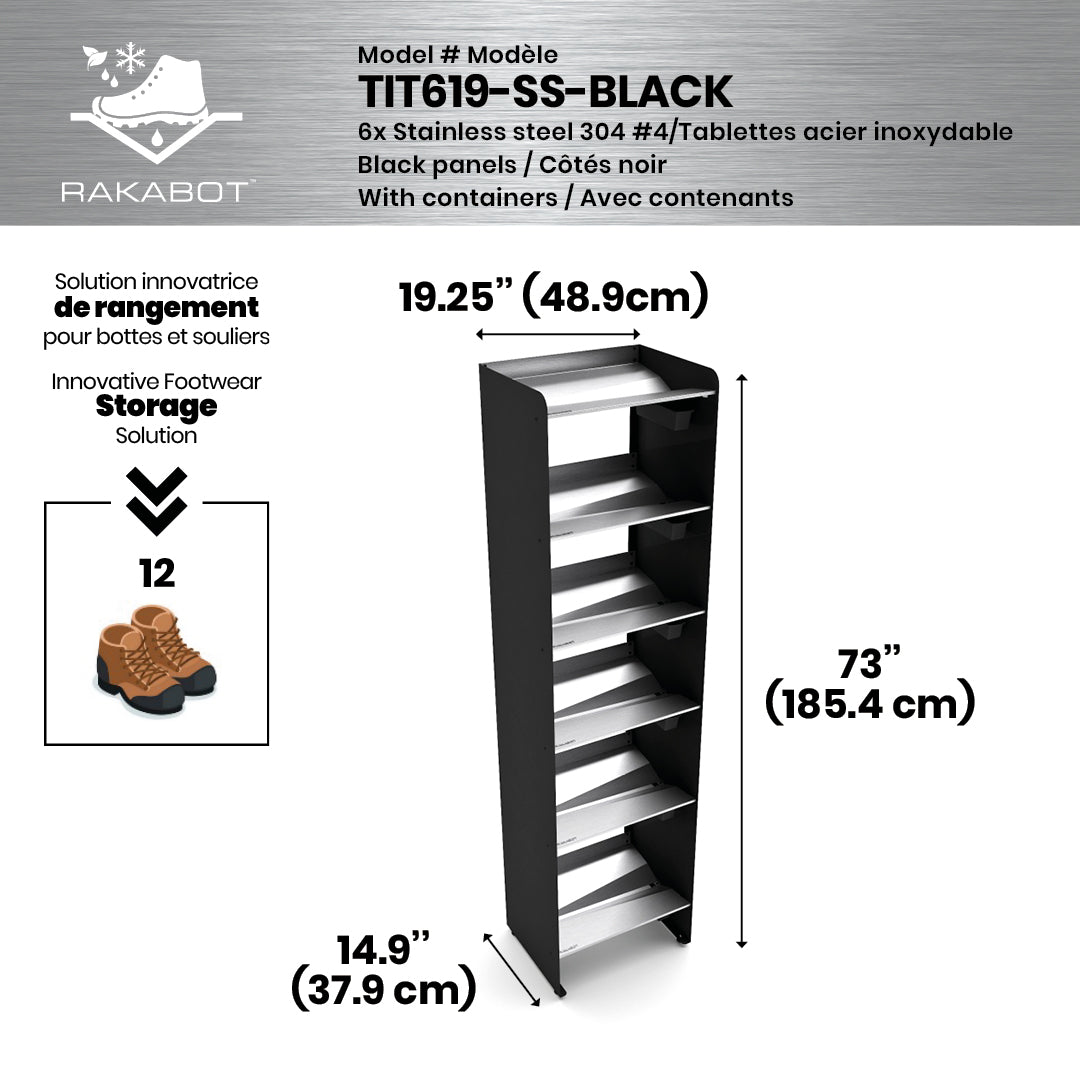 Boot Rack 19" wide - Rustproof Channeling Water Into Containers 2 to 8 Shelves Rakabot Titan