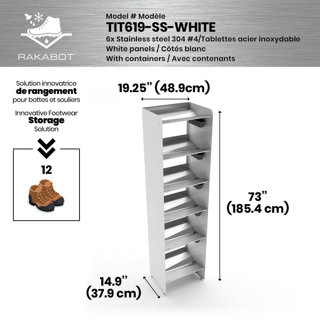 Boot Rack 19" wide - Rustproof Channeling Water Into Containers 2 to 8 Shelves Rakabot Titan