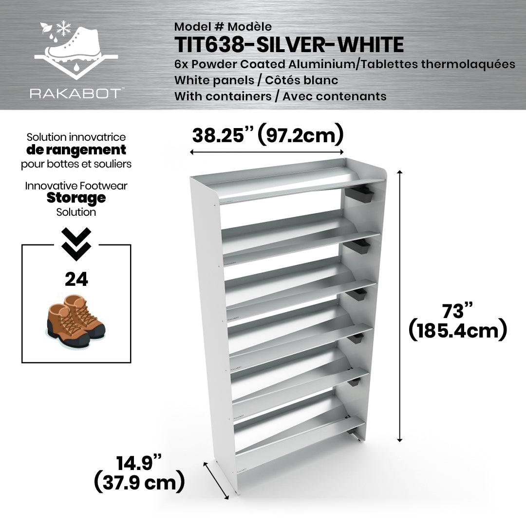 Boot Rack 38" wide - Rustproof Channeling Water Into Containers 2 to 8 Shelves Rakabot Titan