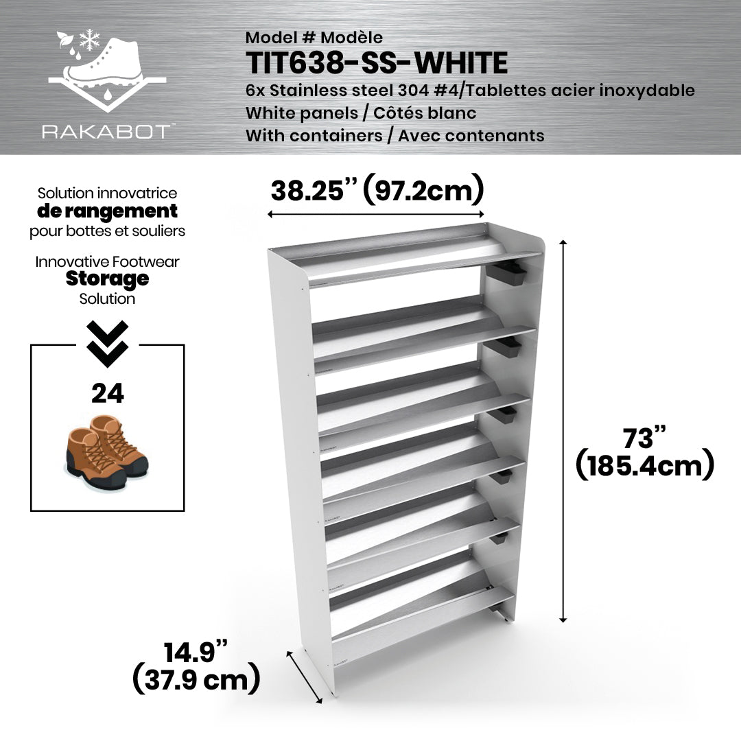 Boot Rack 38" wide - Rustproof Channeling Water Into Containers 2 to 8 Shelves Rakabot Titan