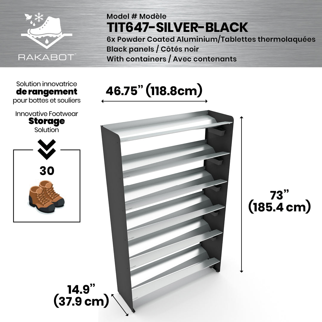 Boot Rack 47" wide - Rustproof Channeling Water Into Containers 2 to 8 Shelves Rakabot Titan