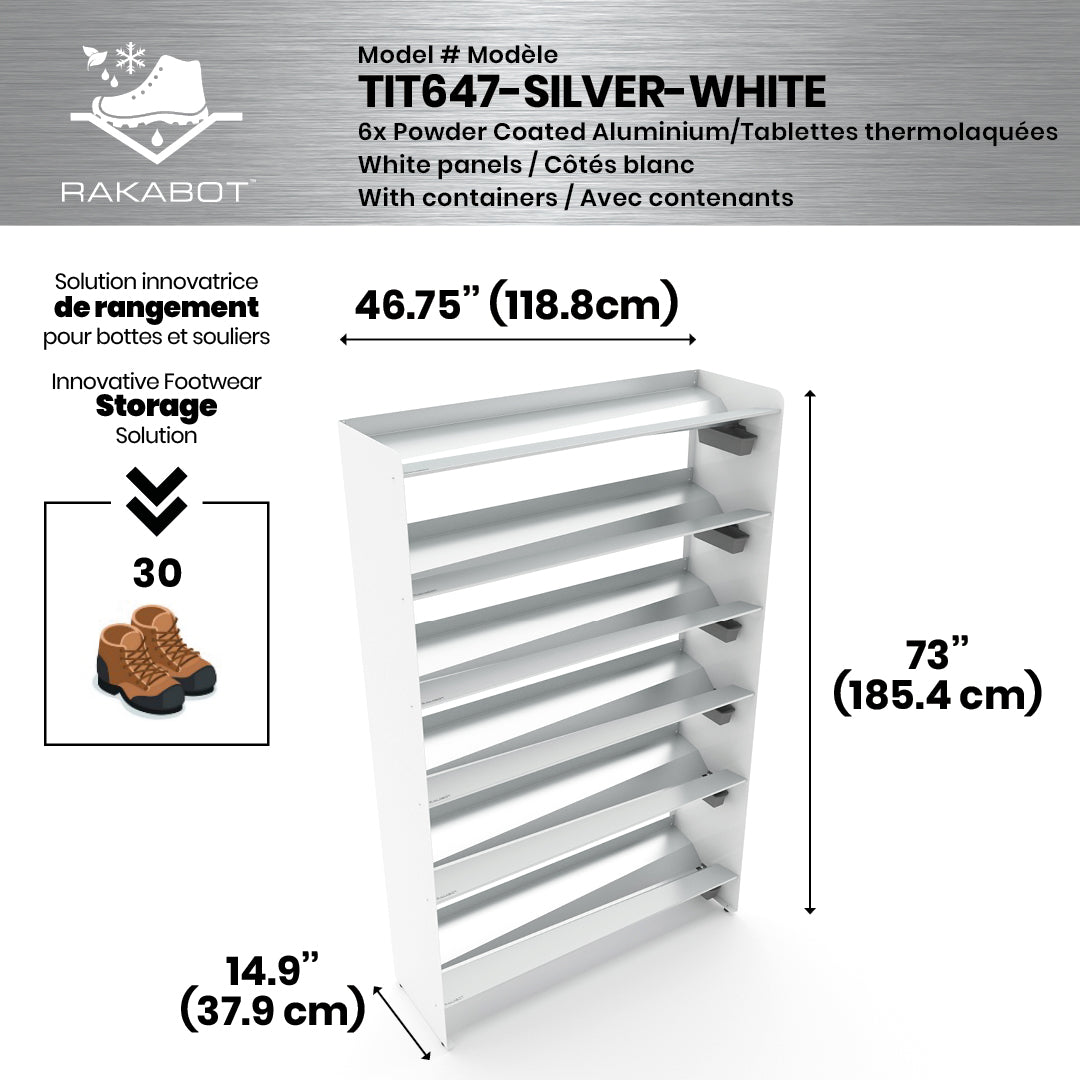 Boot Rack 47" wide - Rustproof Channeling Water Into Containers 2 to 8 Shelves Rakabot Titan