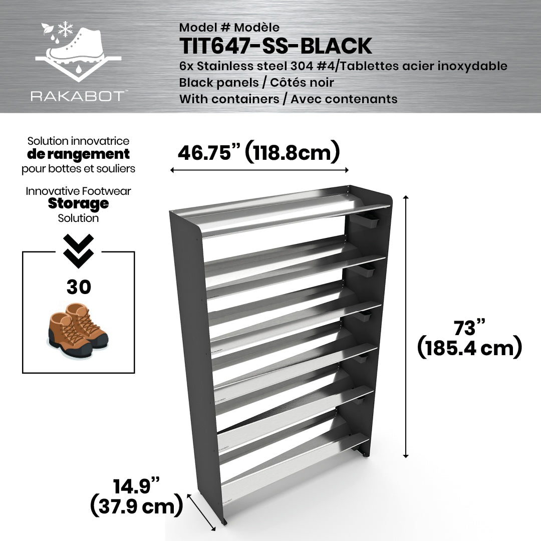 Boot Rack 47" wide - Rustproof Channeling Water Into Containers 2 to 8 Shelves Rakabot Titan