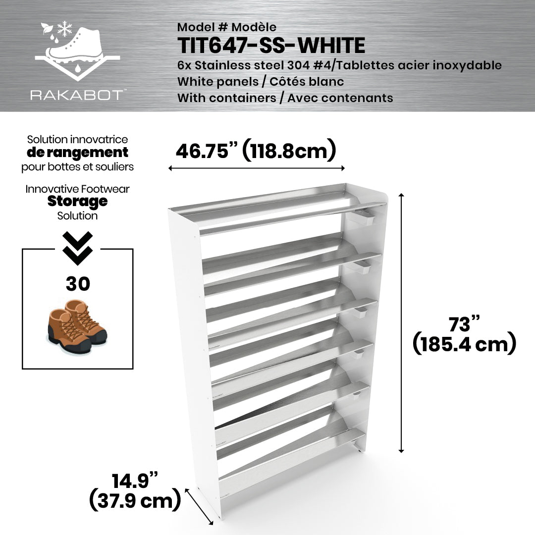 Boot Rack 47" wide - Rustproof Channeling Water Into Containers 2 to 8 Shelves Rakabot Titan