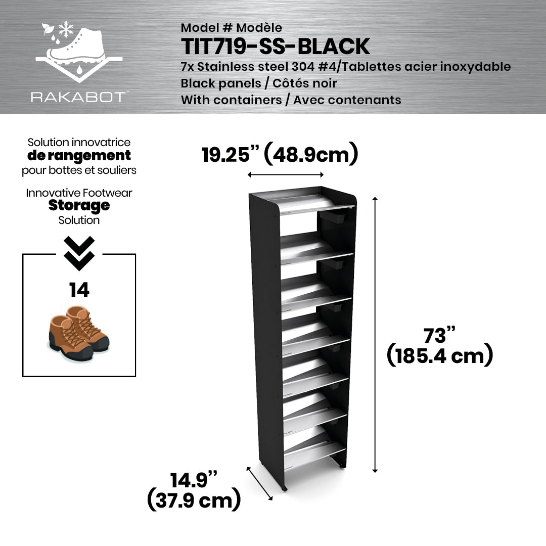 Boot Rack 19" wide - Rustproof Channeling Water Into Containers 2 to 8 Shelves Rakabot Titan