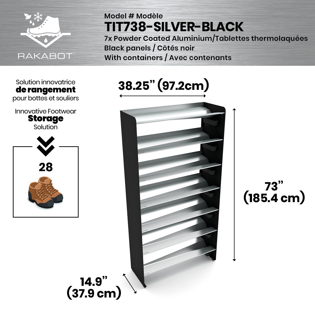 Boot Rack 38" wide - Rustproof Channeling Water Into Containers 2 to 8 Shelves Rakabot Titan