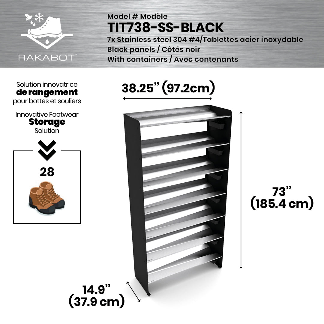 Boot Rack 38" wide - Rustproof Channeling Water Into Containers 2 to 8 Shelves Rakabot Titan