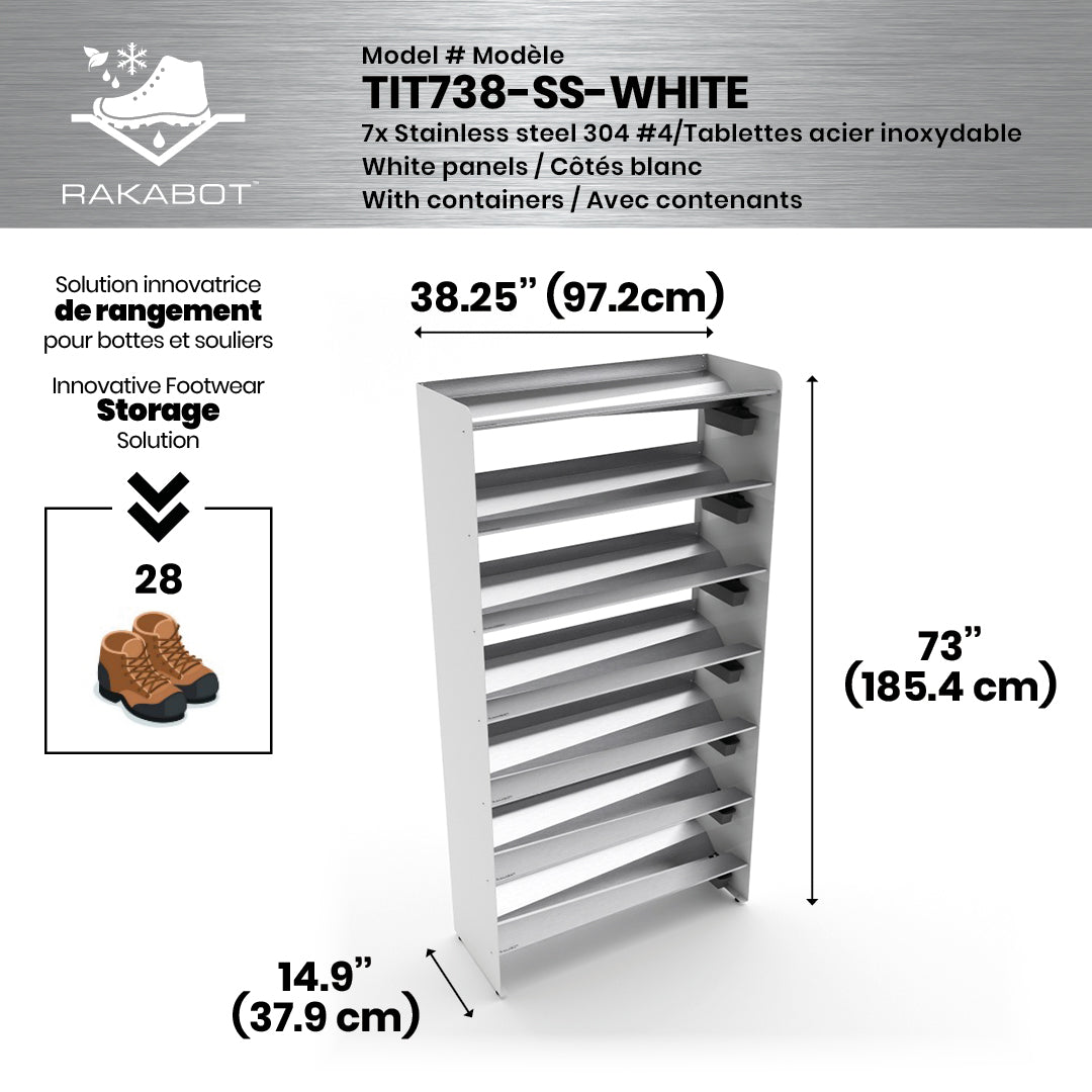 Boot Rack 38" wide - Rustproof Channeling Water Into Containers 2 to 8 Shelves Rakabot Titan