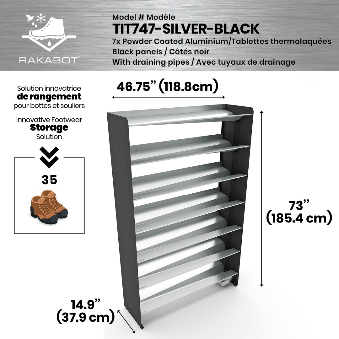 Boot Rack 47" wide - Rustproof Channeling Water Into Containers 2 to 8 Shelves Rakabot Titan