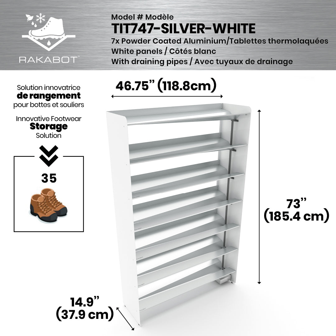 Boot Rack 47" wide - Rustproof Channeling Water Into Containers 2 to 8 Shelves Rakabot Titan