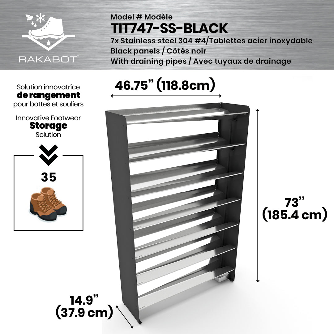 Boot Rack 47" wide - Rustproof Channeling Water Into Containers 2 to 8 Shelves Rakabot Titan