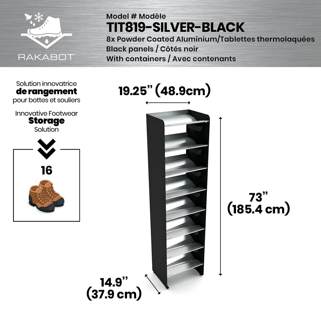 Boot Rack 19" wide - Rustproof Channeling Water Into Containers 2 to 8 Shelves Rakabot Titan