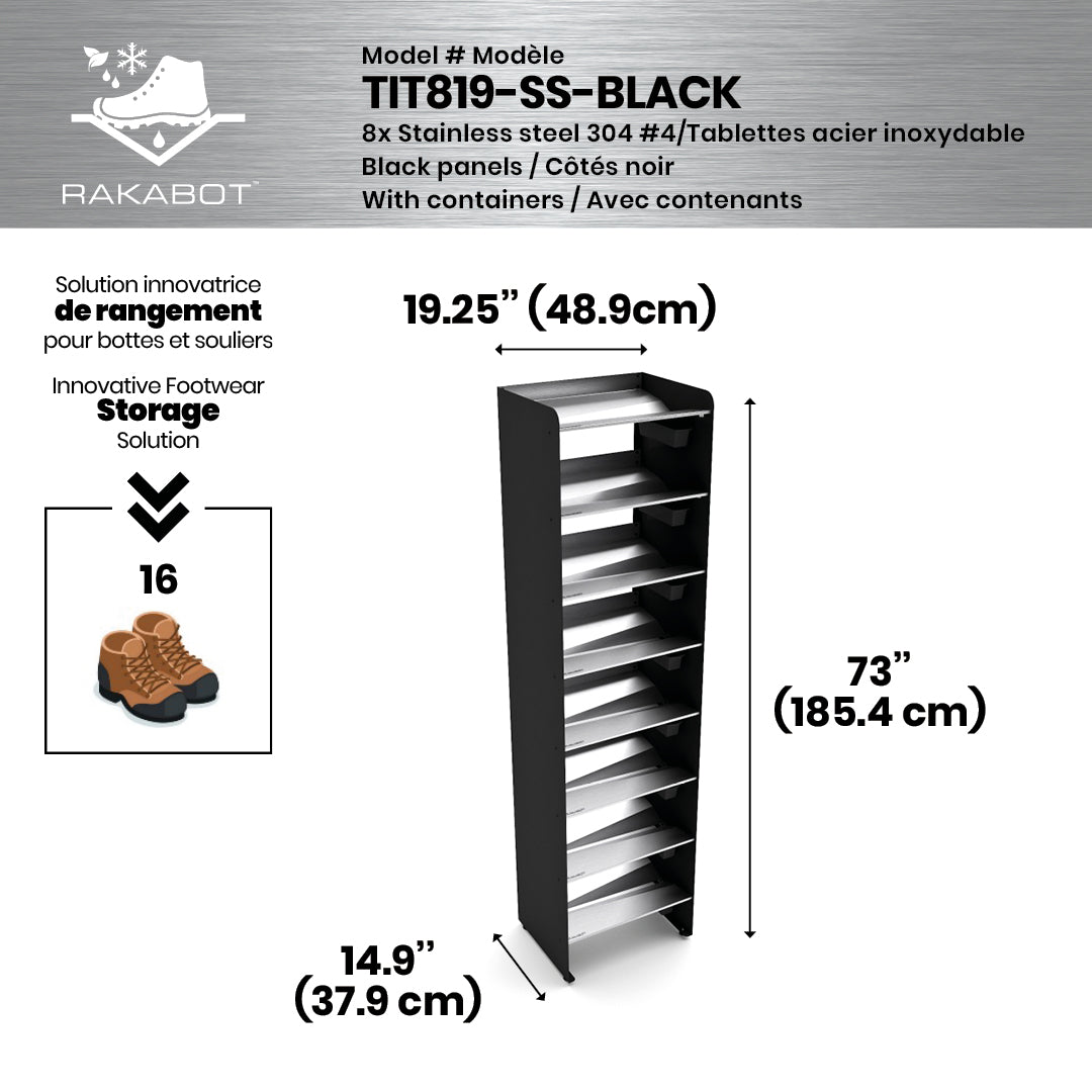 Boot Rack 19" wide - Rustproof Channeling Water Into Containers 2 to 8 Shelves Rakabot Titan