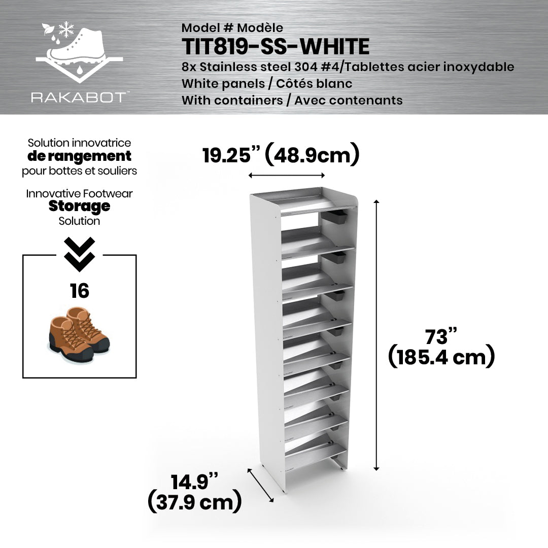 Boot Rack 19" wide - Rustproof Channeling Water Into Containers 2 to 8 Shelves Rakabot Titan