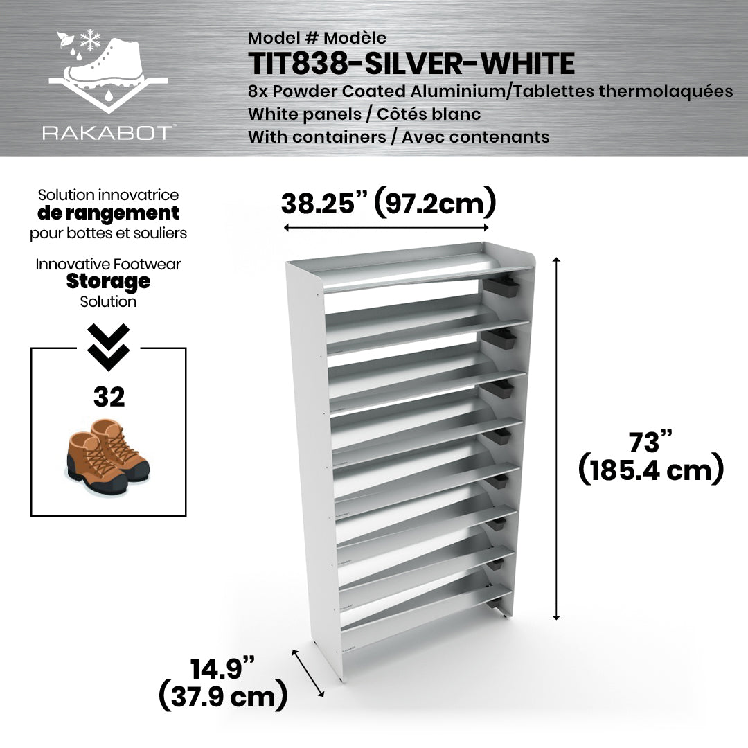 Boot Rack 38" wide - Rustproof Channeling Water Into Containers 2 to 8 Shelves Rakabot Titan