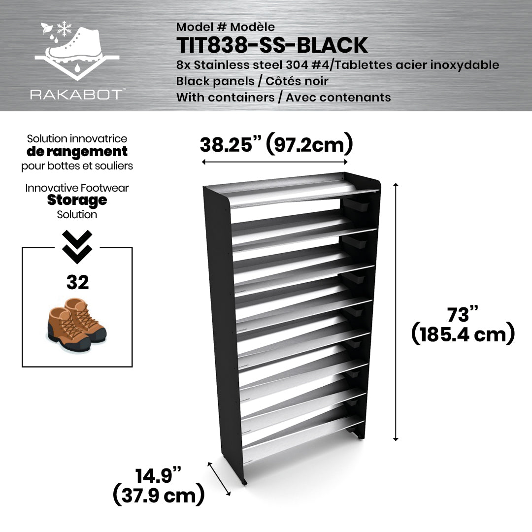 Boot Rack 38" wide - Rustproof Channeling Water Into Containers 2 to 8 Shelves Rakabot Titan