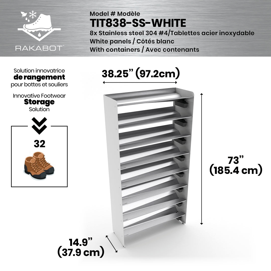 Boot Rack 38" wide - Rustproof Channeling Water Into Containers 2 to 8 Shelves Rakabot Titan