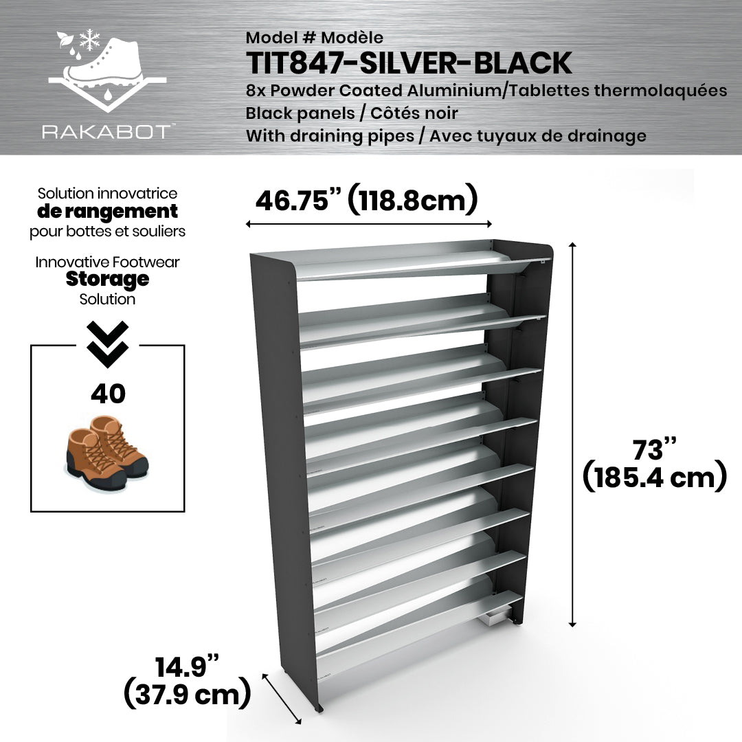 Boot Rack 47" wide - Rustproof Channeling Water Into Containers 2 to 8 Shelves Rakabot Titan